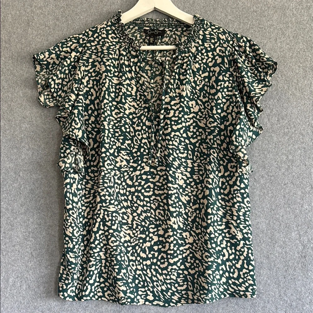 Jessica Simpson Flutter Sleeve Ruffled V-Neck Bohemian  Blouse Green/Cream (L) - Picture 3 of 11
